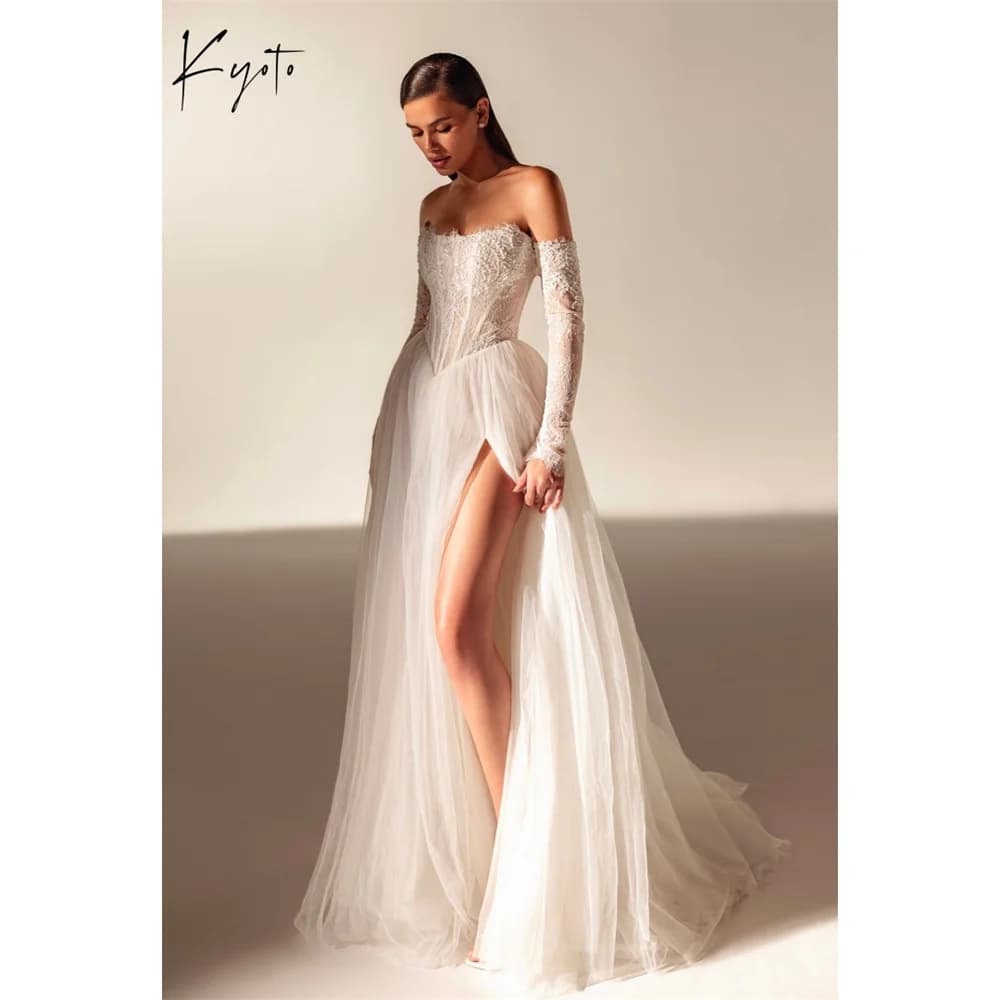 Kyoto Customized White Strapless Wedding Dress Detachable Sleeves Tulle vestidos de noiva Side High Split Evening Dress 2025