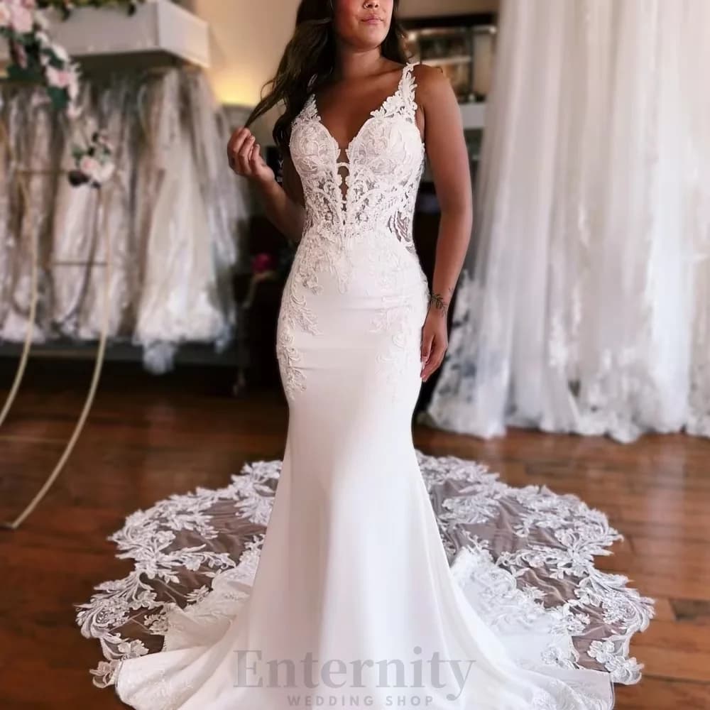 Enternity Fashionable Mermaid Wedding Gown For Bride Spaghetti Strap Court Train Lace Applique Vestido De Novia Customized
