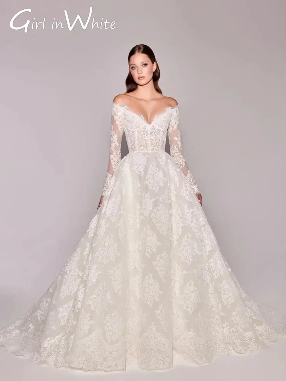 Customized Off Shoulder Wedding Dresses V-Neck With Full Floral Appliques Long Sleeves Bride Wedding Dress Vestidos De Novia