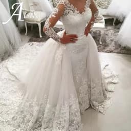 New 2 in 1 Arabic Lace Applique Detachable Train Mermaid 2025 Wedding Dresses Long Sleeves Backless Bridal Wedding Gowns
