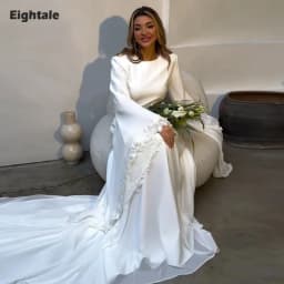Eightale Arabic Wedding Dresses V-Neck 3D Lace Mermaid Muslim Buttons White Ivory Customized Bridal Gowns