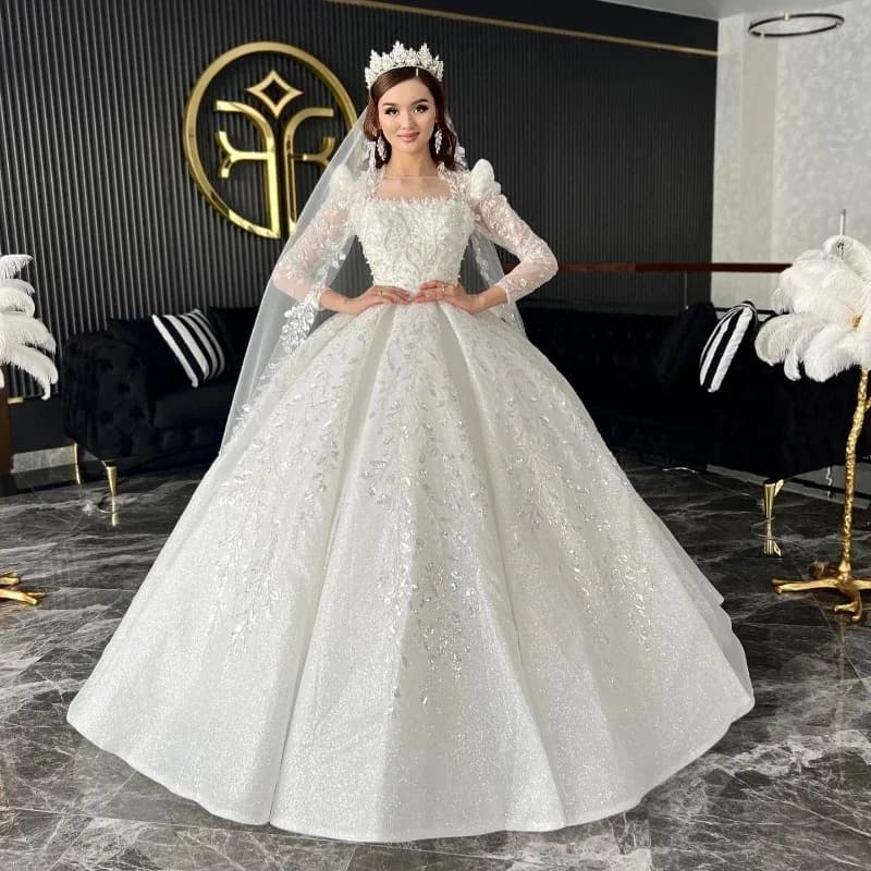 Flavinke Customized Gorgeous Scoop Neck Court Train Appliques Beads Ball Wedding Dresses Luxury Beading Long Sleeve Bridal Dress