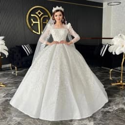 Flavinke Customized Gorgeous Scoop Neck Court Train Appliques Beads Ball Wedding Dresses Luxury Beading Long Sleeve Bridal Dress