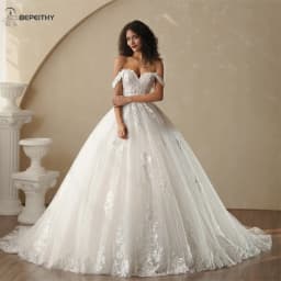 BEPEITHY Customized Princess Off Shoulder Sleeveless Ball Bride Wedding Dresses For Women 2025 Ivory Lace Glitter Bridal Gown