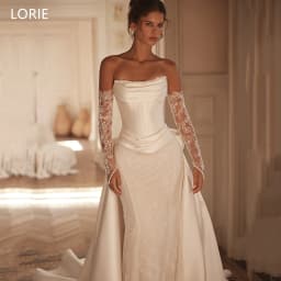 LORIE Exquisite Satin Wedding Dress Pleated Strapless Waist Cinching Lace Bride Gowns Detachable Bow A-Line Train Customized