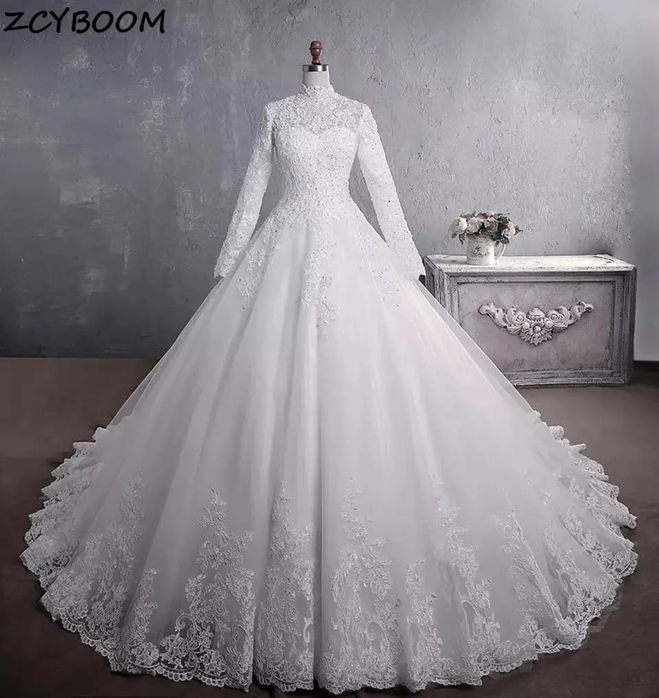 Customized White/Ivory Long Sleeves Wedding Dress Lace Appliques Beading Sequins Bride Dresses High Neck Elegant Wedding Gowns