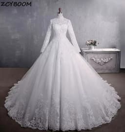 Customized White/Ivory Long Sleeves Wedding Dress Lace Appliques Beading Sequins Bride Dresses High Neck Elegant Wedding Gowns