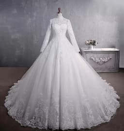 Customized White/Ivory Long Sleeves Wedding Dress Lace Appliques Beading Sequins Bride Dresses High Neck Elegant Wedding Gowns