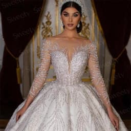 Glitter Wedding Dress Lace With Beading Ball Gown Princess Full Sleeve O-Neck Bride Dress Backless Customized Vestido De Novia