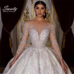 Glitter Wedding Dress Lace With Beading Ball Gown Princess Full Sleeve O-Neck Bride Dress Backless Customized Vestido De Novia