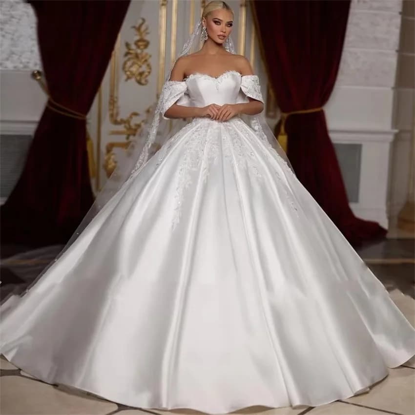 Customized Romantic Sweetheart Ball Gown Off The Shoulder Wedding Dress Beading Satin Appliques Short Sleeve vestidos de novia