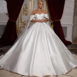 Customized Romantic Sweetheart Ball Gown Off The Shoulder Wedding Dress Beading Satin Appliques Short Sleeve vestidos de novia