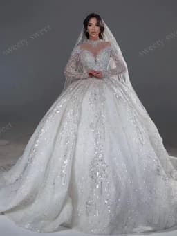 Luxurious Wedding Dress Sequins With Bead Ballgown High-Neck Fullsleeve Customized Bride Dress Lace Embroidered Vestido De Novia