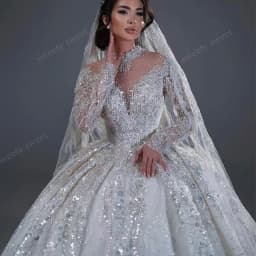 Luxurious Wedding Dress Sequins With Bead Ballgown High-Neck Fullsleeve Customized Bride Dress Lace Embroidered Vestido De Novia