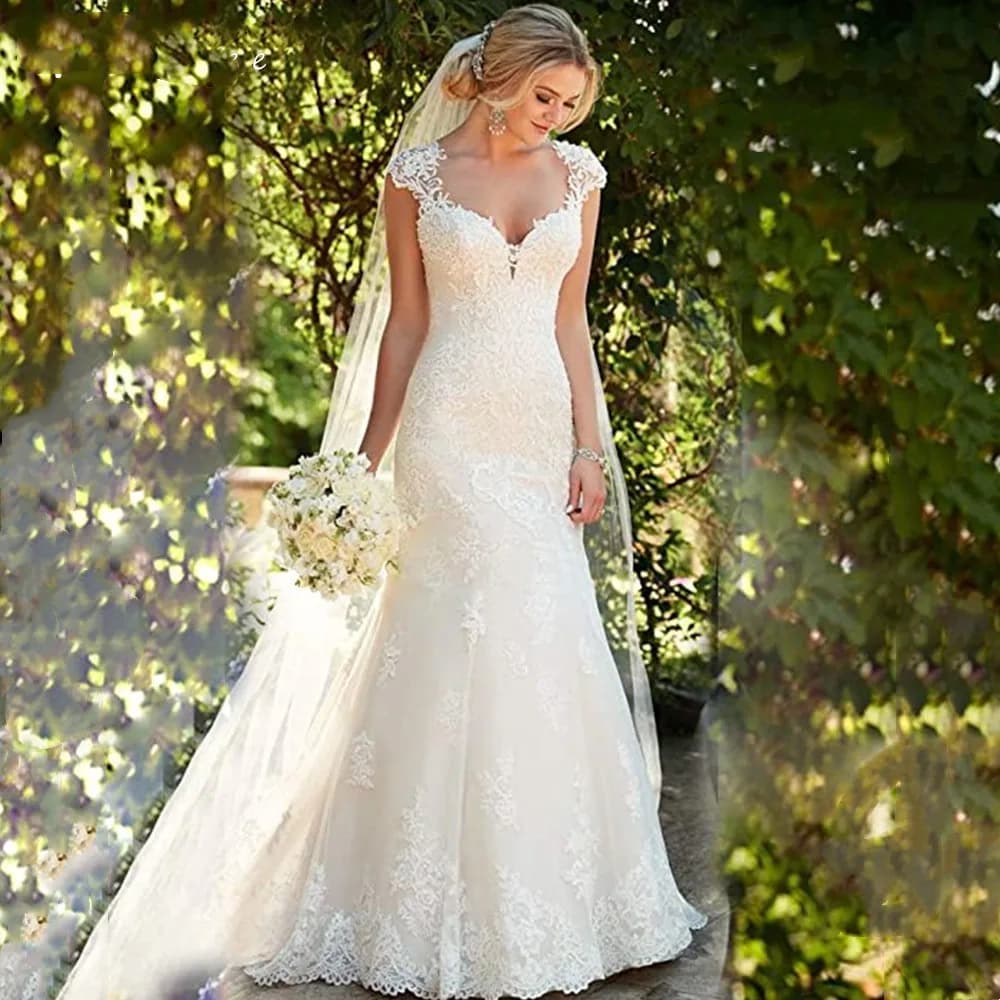 Lace Appliques Mermaid Wedding Dress Backless Cap Sleeve Trumpet Bride Dresses Sweetheart Vestido De Novia Robe De Mariée