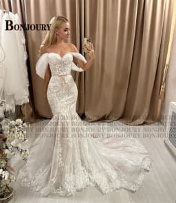 BONJOURY Stylish V-neck Wedding Dress for Woman Appliques Off-the-shoulder Mermaid Detachable Train Appliques Customized
