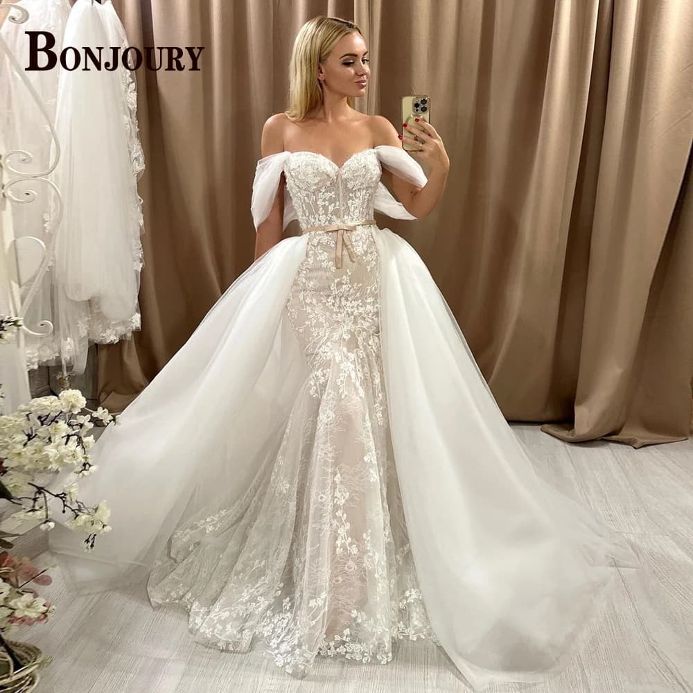 BONJOURY Stylish V-neck Wedding Dress for Woman Appliques Off-the-shoulder Mermaid Detachable Train Appliques Customized