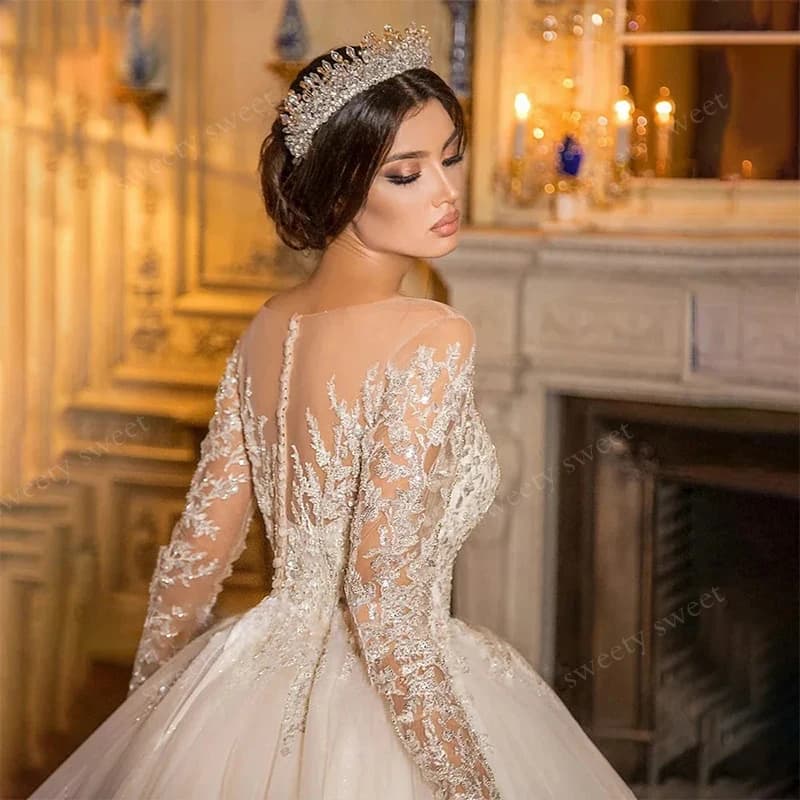 Graceful Wedding Dress Organza Lace With Embroidery Ball Gown Full Sleeve O-Neck Customized Bridal Dress Button Vestido De Novia