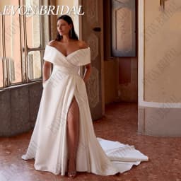 EVON BRIDAL Elegant Off Shoulder Wedding Dress Plus Size Bride Side Split Satin Bride Gowns With Pocket Wedding Gowns Customized