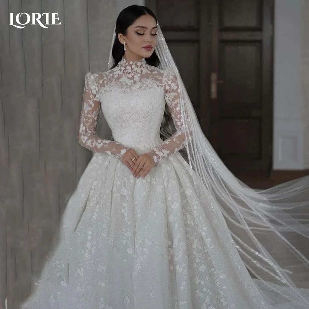 LORIE Vintage Lace Wedding Dress A-Line Appliques High Collar Flowers Bridal Gown Elegant Princess Applique Bride GownCustomized