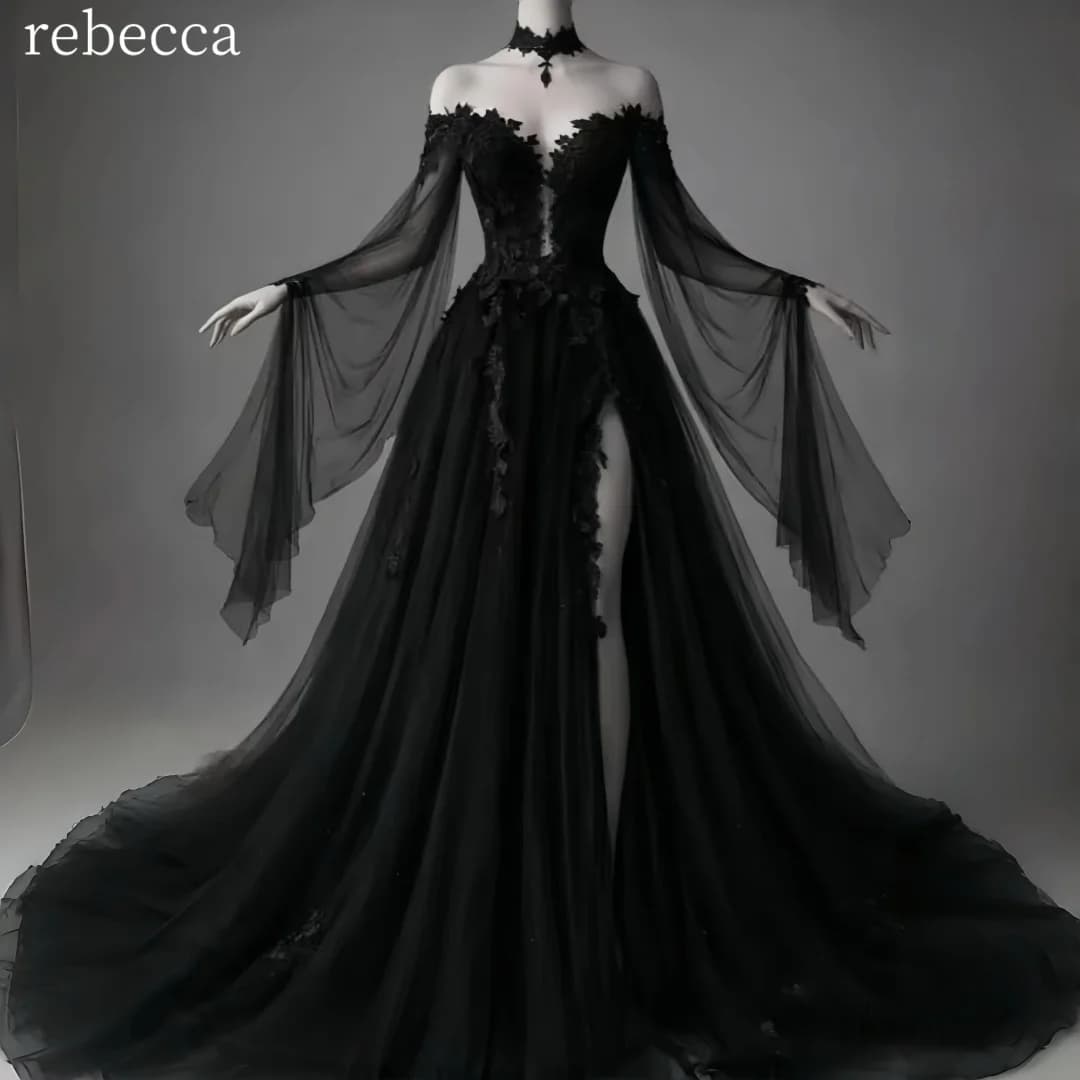 Rebecca Customized Off Shoulder Long Sleeve Prom Dress Floor-Length vestidos de noche Lace Embroidery 3D Flower Evening Dresses