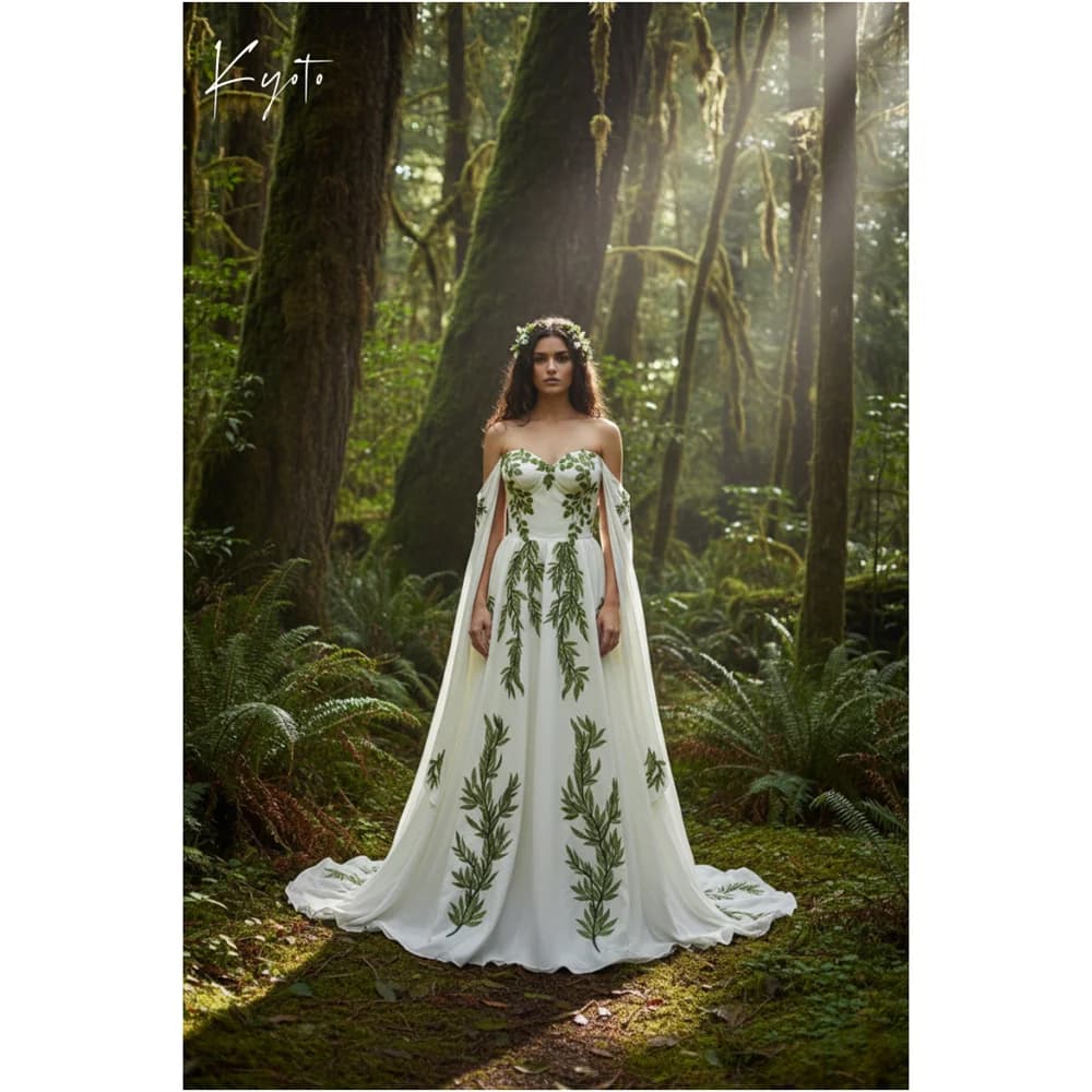 Kyoto Customized Green Leaf Embroidery With Cape Wedding Dress Off Shoulder A-line vestidos de noche Lace-up Sweep Train Formal
