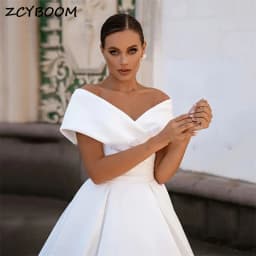 Customized White Boat Neck Sleeveless Satin Criss-Cross Simple A-line Wedding Dress 2026 Floor Length Court Train Bridal Gown
