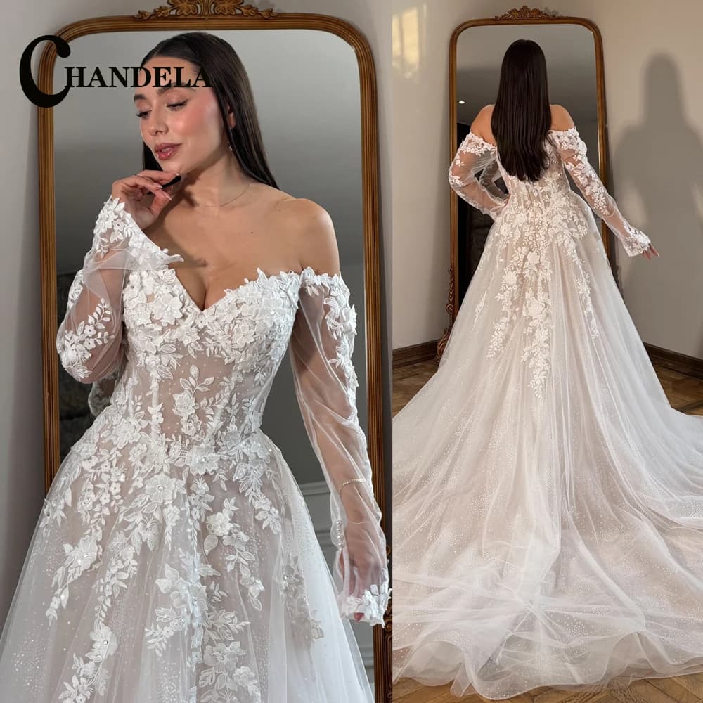 CHANDELA Trendy A-line Wedding Dress Bridal Full Sleeves Zipper Lace Appliques Bling Tulle Sweep Train Vestidos Customised
