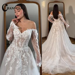 CHANDELA Trendy A-line Wedding Dress Bridal Full Sleeves Zipper Lace Appliques Bling Tulle Sweep Train Vestidos Customised