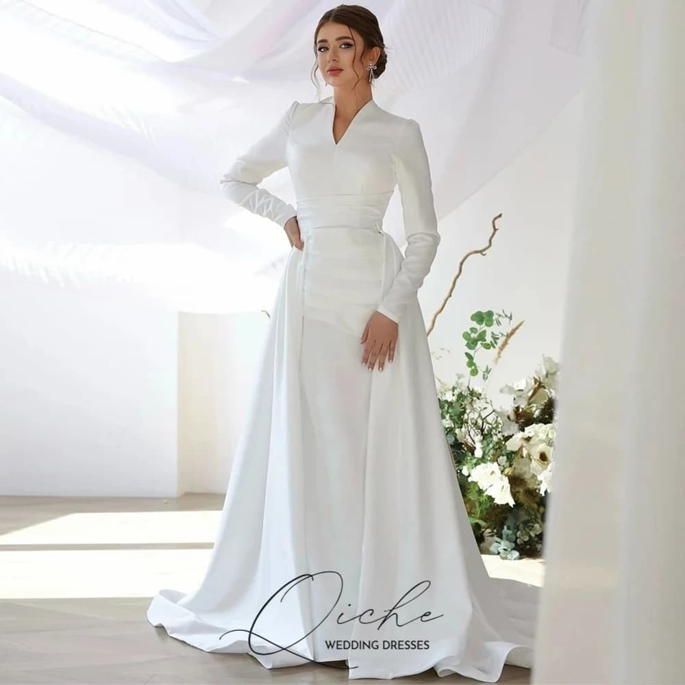 QICHE Modest Muslim Wedding Dresses Long Sleeve Luxury Floor Civil Bride Dresses Plus Customized 2026 Evening Prom Party Gowns