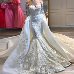 Lceland Poppy Customized Mermaid Wedding Dresses Scoop Neck Long Sleeves Beaded Lace Bridal Gown with Detachable Train