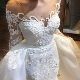 Lceland Poppy Customized Mermaid Wedding Dresses Scoop Neck Long Sleeves Beaded Lace Bridal Gown with Detachable Train