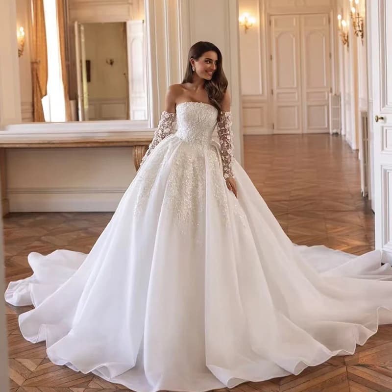 Off The Shoulder Wedding Dress Organza With Embroidery Detachable Full Sleeve Ball Gown Customized Back Lace Up Vestido De Novia