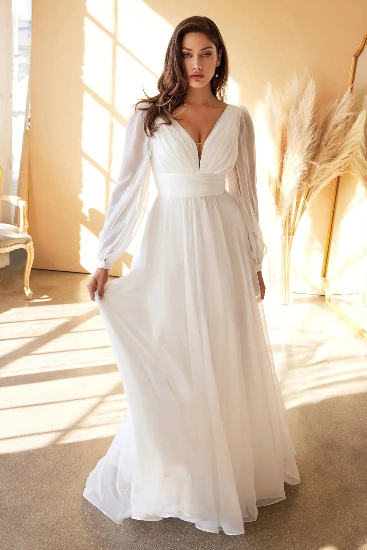 Simple Wedding Dresses for Bride V Neck Long Sleeve Chiffon Wedding Dress Simple Bridal Growns Floor-Length Vestidos De Novia