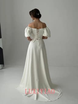 Customized Dignified Dress With Sleeves Fairy Tale Like Dress One Line Wedding Dress White Ivory Colored Dress Wedding Dress