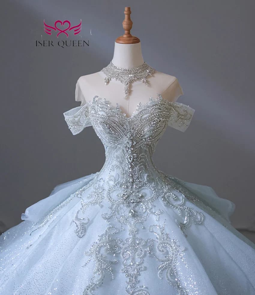 Customized Europe Luxury Wedding Dress 2026 New Heavy Beading Ivory blue Color Lace Up Princess Wedding Dresses For Bride WX0347