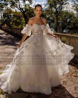 BONJOURY Charming Wedding Dresses for Women A-line Off the Shoulder Appliques Zipper Court Train Vestido De Novia Customized