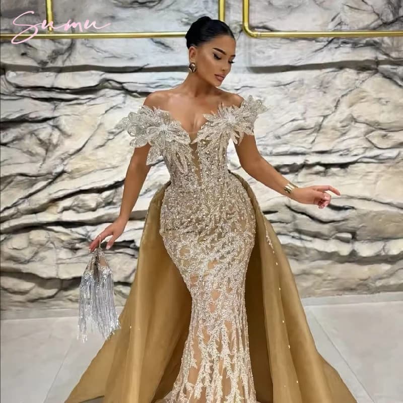 Special Wedding Party Dresses Two Pieces Vintage Evening Dresses With Detachable Train Off Shoulder Mermaid Robes De Soirée