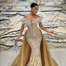 Special Wedding Party Dresses Two Pieces Vintage Evening Dresses With Detachable Train Off Shoulder Mermaid Robes De Soirée