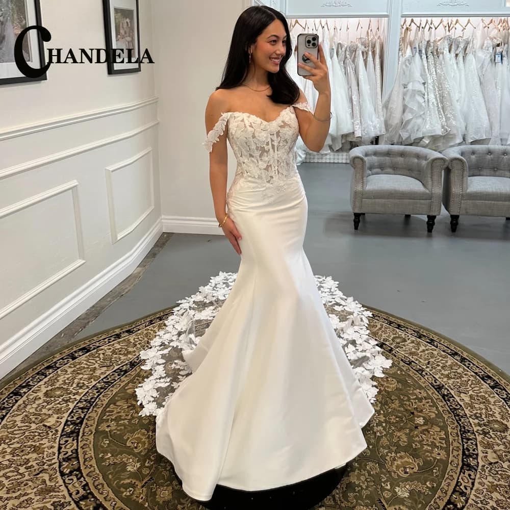 CHANDELA Classic Lace Appliques Wedding Dress for Women Off the Shoulder Mermaid Lacing up Vestido De Casamento Customised
