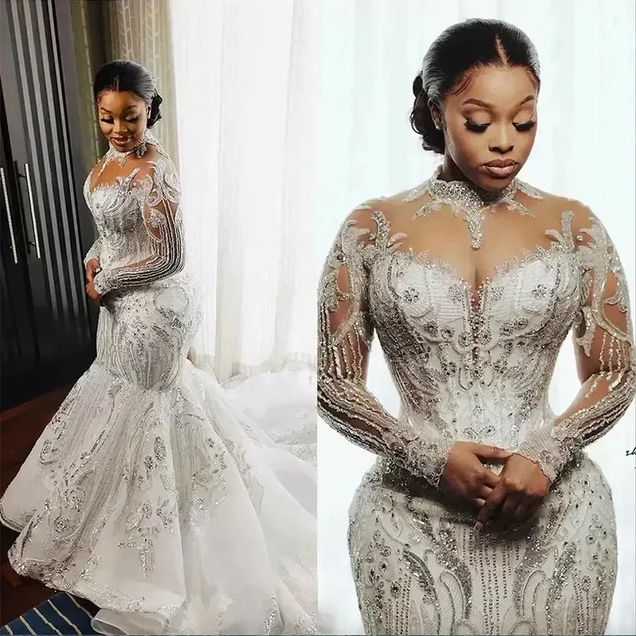 Customized 2025 Long Sleeves Mermaid Wedding Dresses Bridal Gown Sequins Lace Applique High Neck Sweep Train Vestidos Plus Size