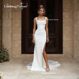 Simple Mermaid Wedding Dress Sleeveless Sexy High Slit Spaghetti Straps Pleat Square Collar Bridal Growns Sweep Train Customized