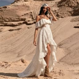 Off Shoulder Lace Wedding Dress Corset High Low Split Bridal Gown Backless Ruffle Train Desert Wedding Vestido De Novia Custom