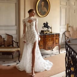 Luxury Ivory Long Sleeves Mermaid Lace Appliques Wedding Dress Sexy High Neck Pleat High Side Slit Sweep Train Gowns Customized