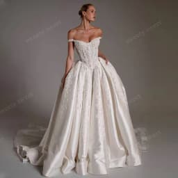 Off The Shoulder Wedding Dress Satin With Beading Embroidered Lace A-Line Ball Gown Sleeveless Strapless Customized Bride Dress
