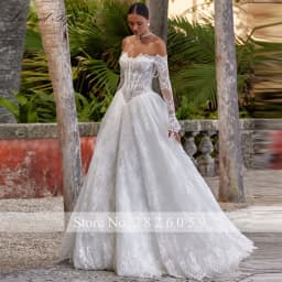 Lceland Poppy Customized A Line Boat Neck Lace Wedding Dresses Full Sleeves Illusion Bridal Gowns with Chapel Train
