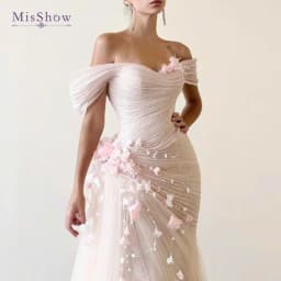MisShow Customized Pink Off-The-Shoulder Mermaid Wedding Dress Flowers Tulle Sleeveless Wedding Party Dress Evening Dresses