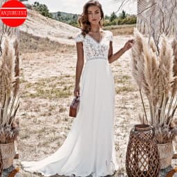 Boho Wedding Dress Short Sleeves Lace Appliques Vestido De Novia 2022 Sexy Chiffon Women Bride Gown Beach Robe Mariage Trouwjurk