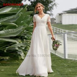 Customized Simple Elegant Chiffon Lace Wedding Dress for Women Short Sleeve V-neck Princess Party Bridal Gown Vestidos De Novia