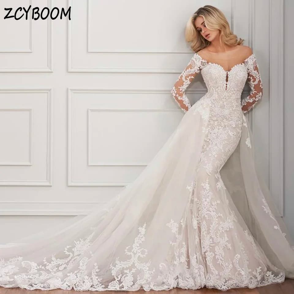 Customized O-Neck Appliques Crystal Long Sleeves Wedding Dress 2026 Mermaid Floor Length Detachable Sweep Train Bridal Gown